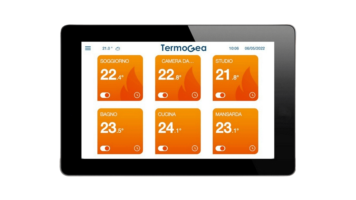 Termostato smart touch multizona con gateway integrato per il controllo remoto da Smartphone.